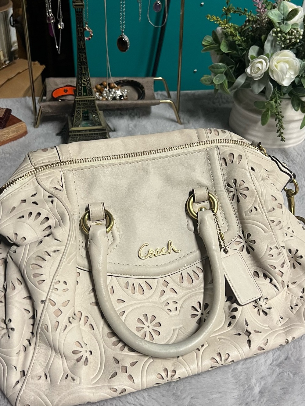 Coach Cream Perforated Leather Satchel with Gold Hardware